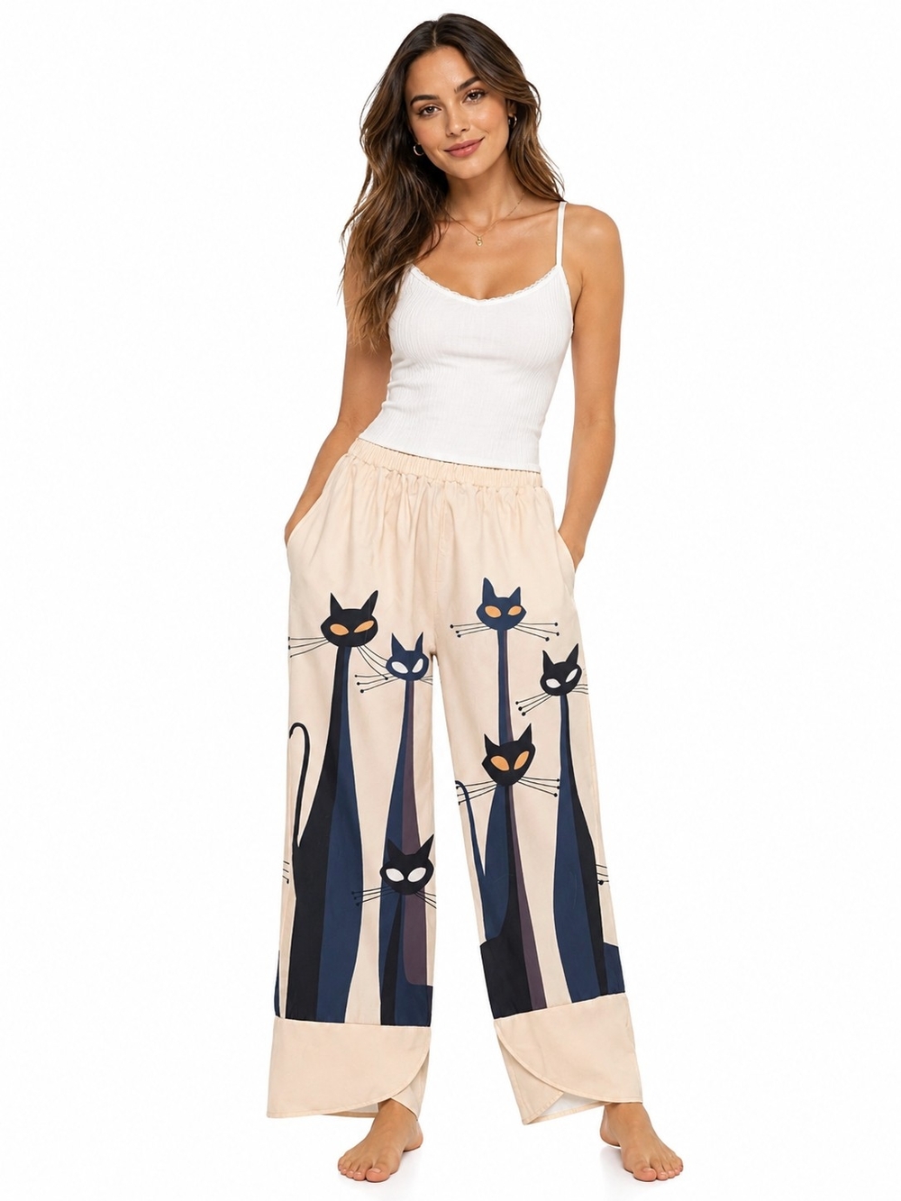 Wide Leg Cat Print Lounge Pants in Beige and Navy
